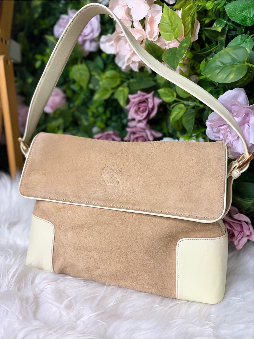 Loewe Vintage Suede Anagram Flap Shoulder Bag